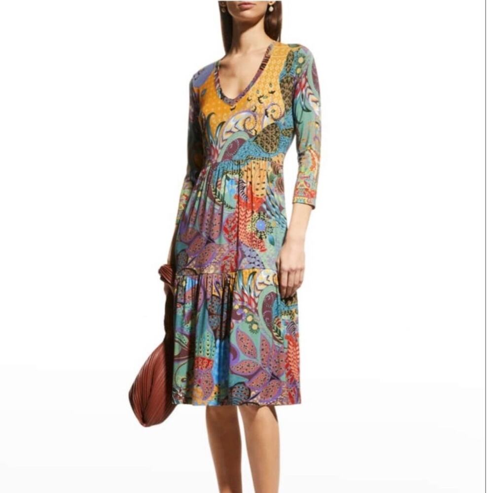 JOHNNY WAS Madison 3/4 Sleeve V Neckline Patterned Dress Size Small